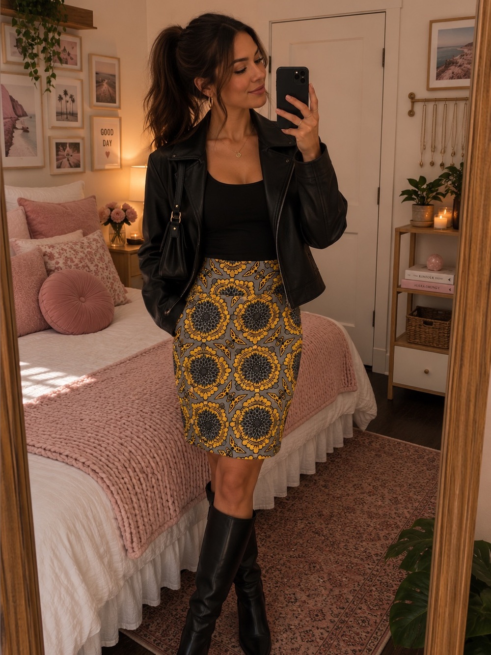 Yellow and Gray Floral Pencil Skirt